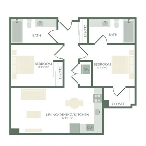 Floor plan for 2 beds, 2 baths, 893 sqft